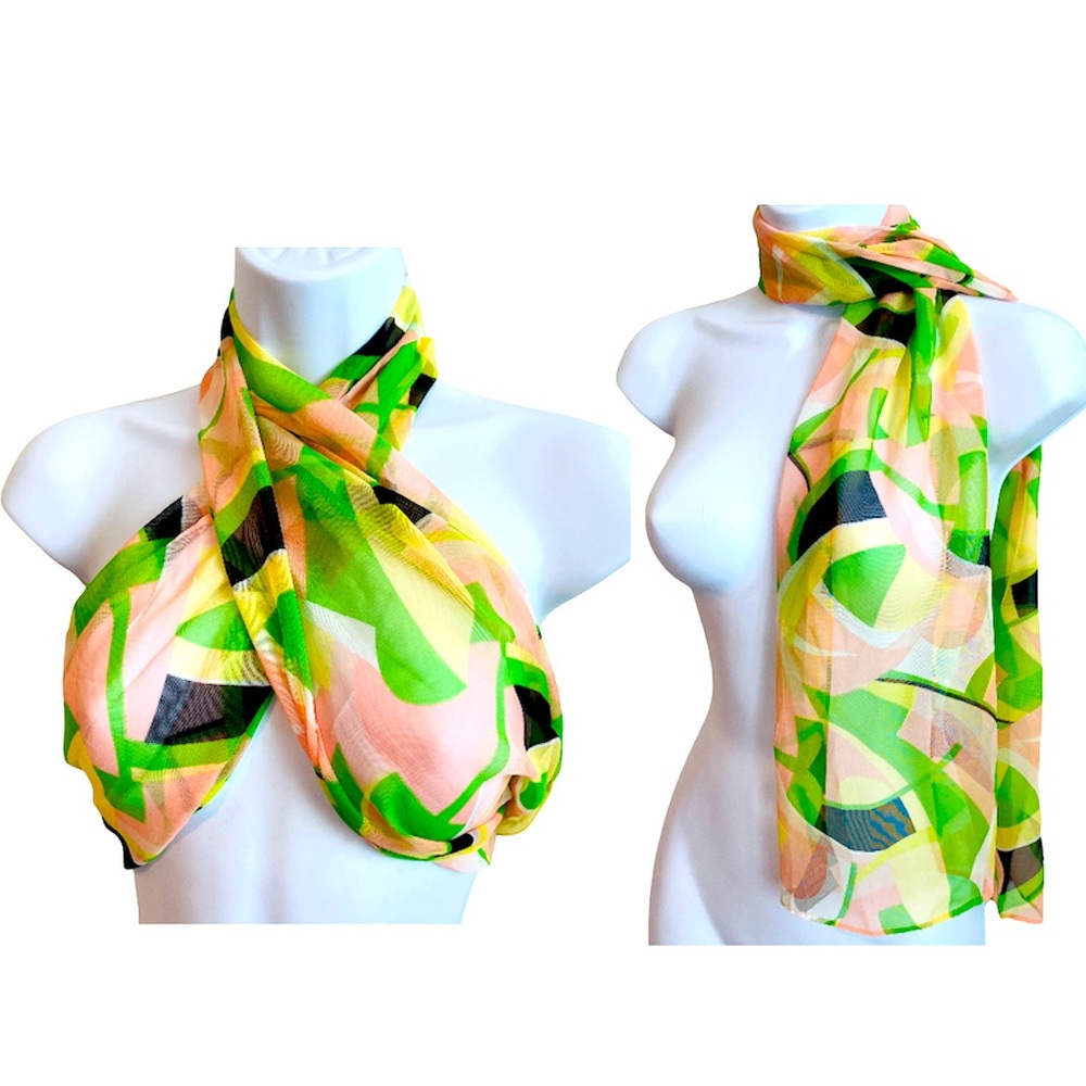 Vintage Sheer Multicolor Abstract Print Versatile Wear Scarf
